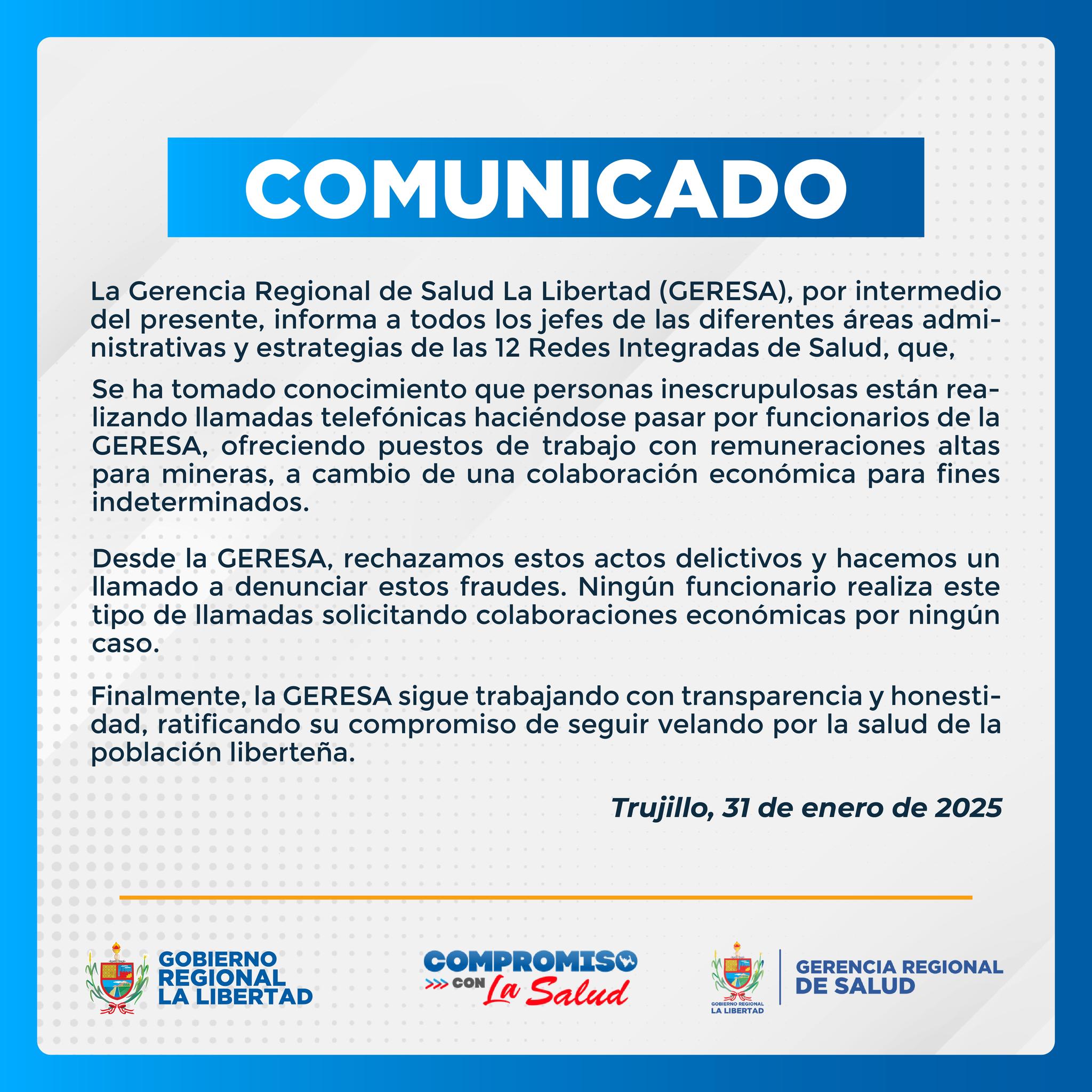 GERESA La Libertad alerta sobre estafas telefónicas en su nombre ...